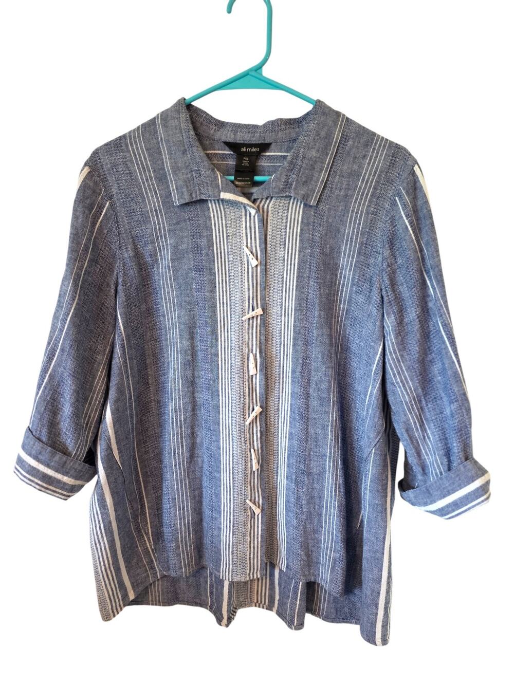 Ali MIles Womens Linen Blend Striped 3/4 Sleeve Blouse Petite XL Blue White - Picture 1 of 4